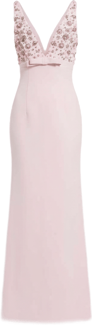 Women's Crepe Sleeveless Beaded V Neck Gown With Bow