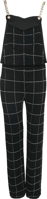 Women's Black Patterned Knit Chain Strap Detail Jumpsuit