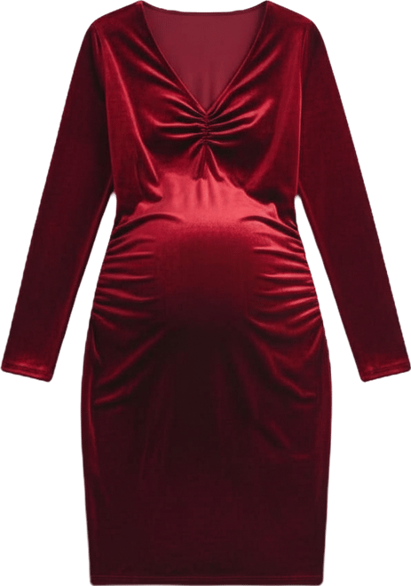 Maternity Long Sleeve V Neck Ruched Velvet Dress