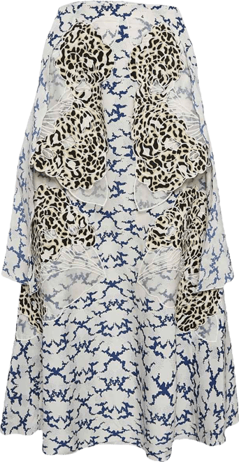 Women's White Printed Silk Layered Midi Skirt