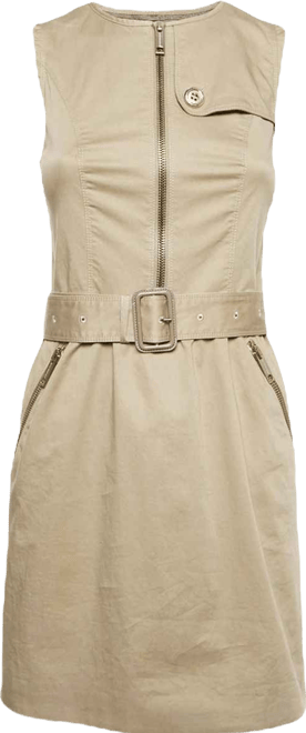 Women's London Beige Cotton Belted Sleeveless Mini Dress