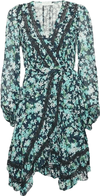 Women's Blue Floral Print Crepe Ruffled Wrap Mini Dress