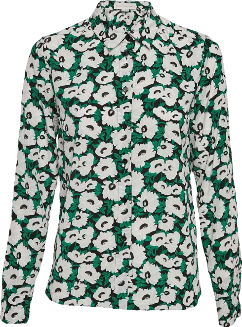 Women's Green Floral Print Silk Long Sleeve Shirt