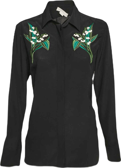 Women's Black Floral Embroidered Silk Long Sleeve Shirt