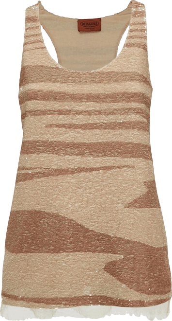 Women's Beige Striped Sequin Tank Top