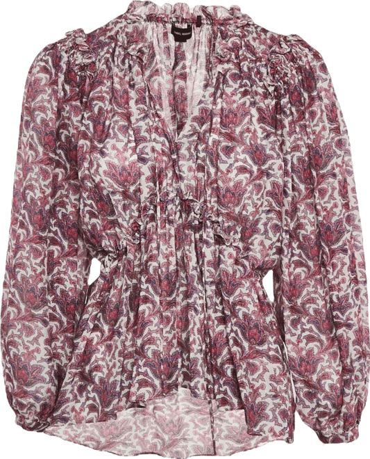 Women's Purple Printed Silk Ruffle Detail Top