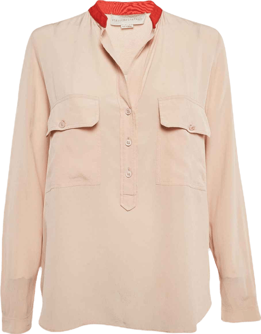 Women's Pale Pink Silk Crepe Contrast Collar Detail Blouse