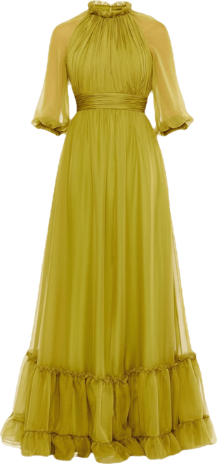 Women's Chiffon Ruched Illusion Raglan Sleeve Ruffled Gown