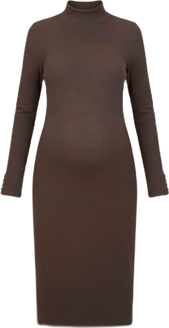 Maternity Brown Turtle Neck Long Sleeve Rib Fitted Midi Dress