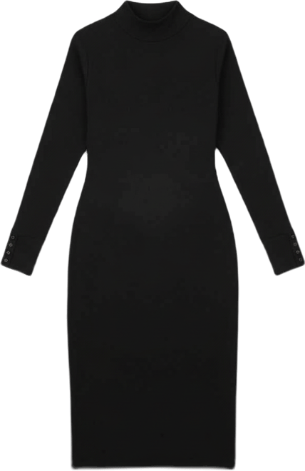 Maternity Black Turtle Neck Long Sleeve Rib Fitted Midi Dress
