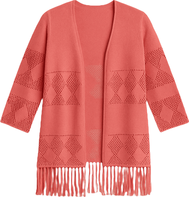 Women's Plus Size Pointelle Fringe Cardigan