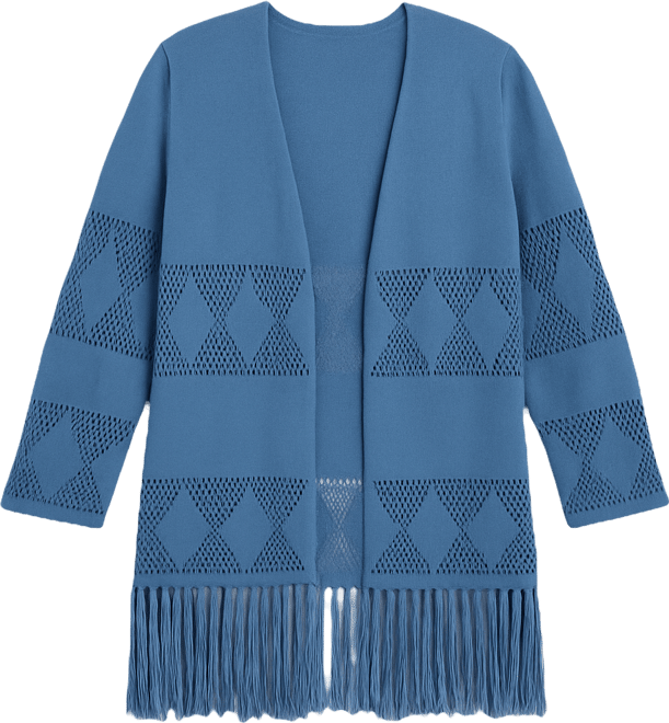 Women's Plus Size Pointelle Fringe Cardigan