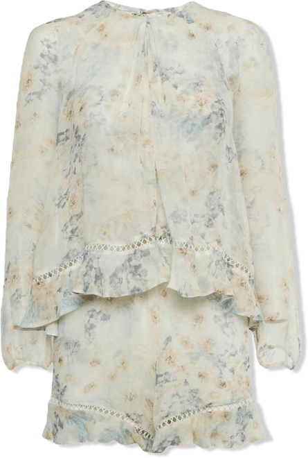 Women's Cream Floral Print Silk Ruffled Playsuit