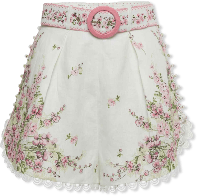 Women's Pink/white Floral Print Linen Scallop Shorts