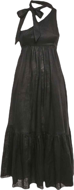 Women's Black Linen Tie Neck Detail Empire Mid Dress