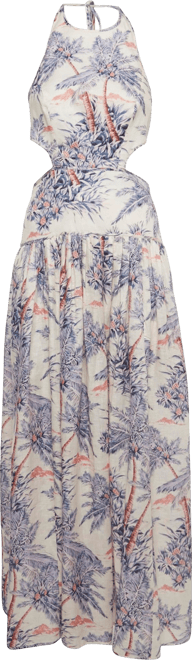 Women's Pink Palm Tree Print Linen Halter Neck Maxi Dress