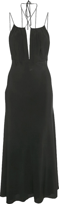 Women's Black Silk Gathered Halter Neck Maxi Dress