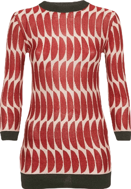 Women's Red/pink Patterned Lurex Knit Sheer Jumper