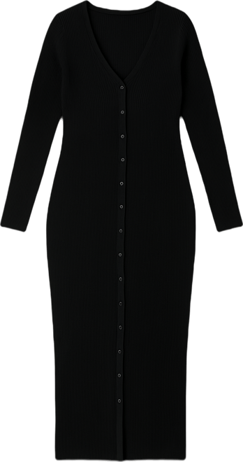 Maternity Black Ribbed Knit Button Down Long Sleeve Midi Dress