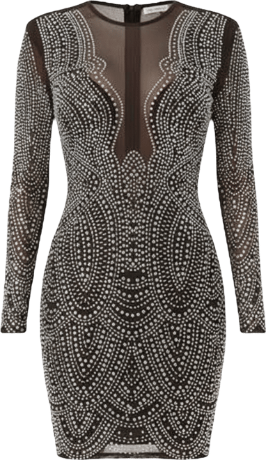 Women's Long Sleeve Embellished Illusion Mesh Mini Dress