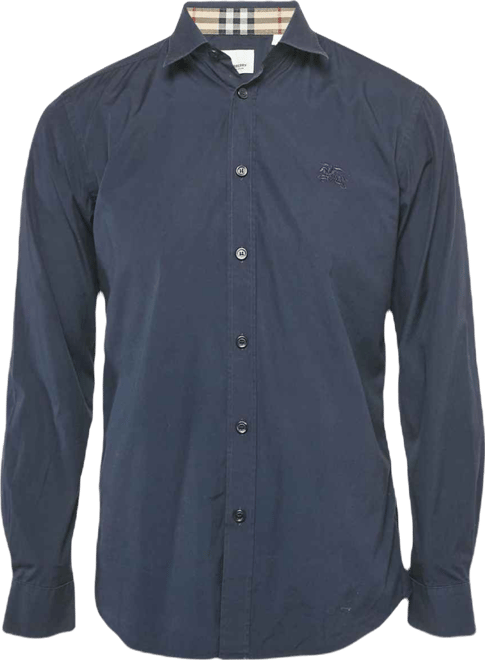 Men's Navy Blue Cotton Nova Check Cuffed Long Sleeve Shirt