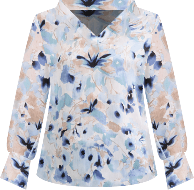 Women's Printed V-Neck Split-Cuff Blouse