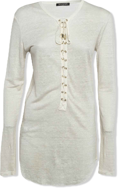 Women's Off-White Linen Knit Lace-Up Top