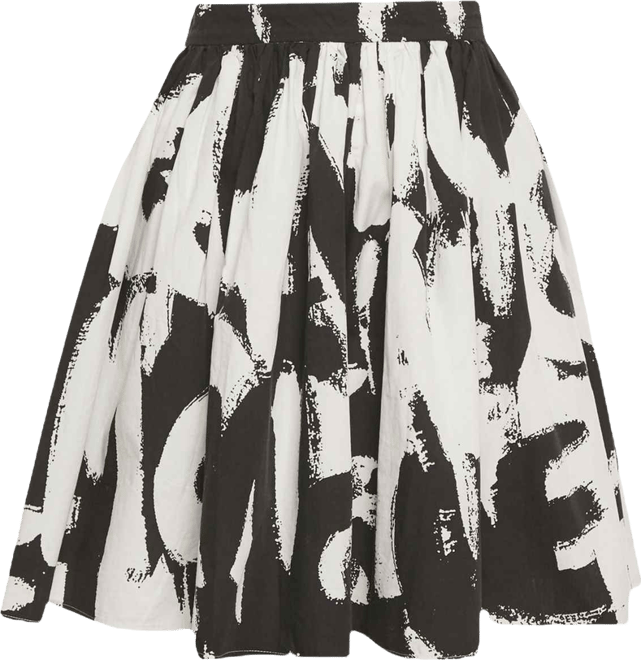 Women's Black/white Abstract Print Cotton Pleated Short Skirt