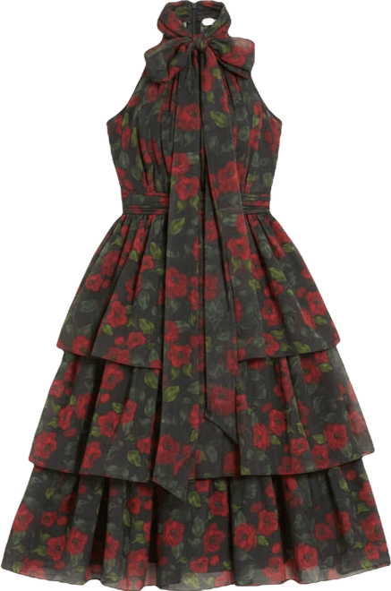 Women's Floral Chiffon Tiered Midi Dress with Neck Bow