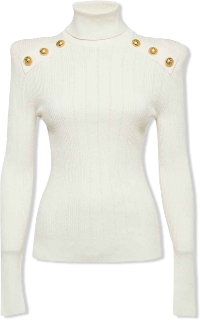 Women's White Rib Knit Structured Shoulders Turtleneck Sweater