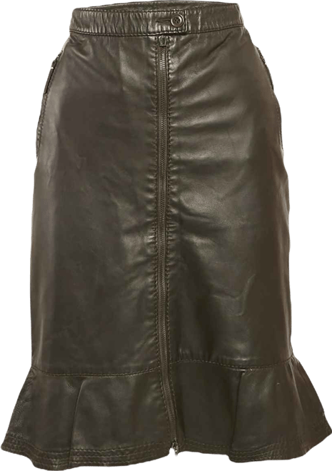 Women's Brown Leather Flounce Hem Knee Length Skirt