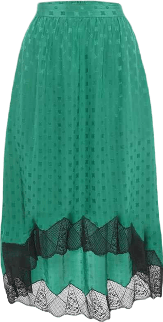 Women's Green Patterned Silk Lace Trim Joslin Midi Skirt