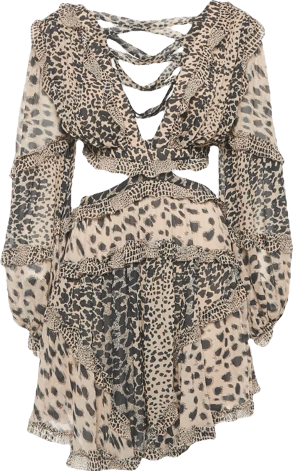 Women's Beige Chiffon Leopard Print Cut-Out Mini Dress