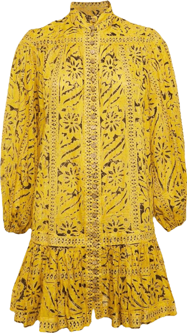 Women's Yellow Printed Cotton Flounce Mini Dress