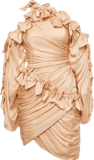 Women's Beige Silk Bow Detail Ruche Short Dress