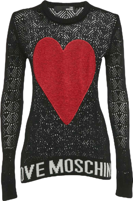 Women's Black Patterned Knit Heart Patch Detail Sweater