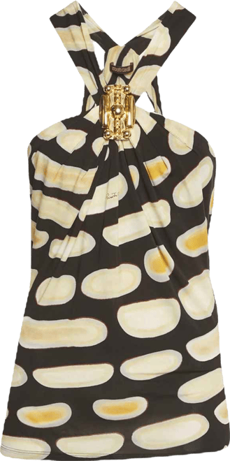 Women's Printed Jersey Brooch Detail Halter Neck Top