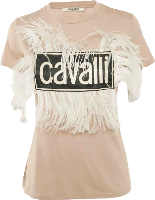 Women's Beige Cotton And Modal Faux Feather Detail T-Shirt