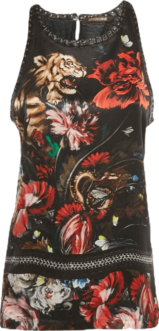 Women's Floral Print Silk Lace-Up Leather Tank Top