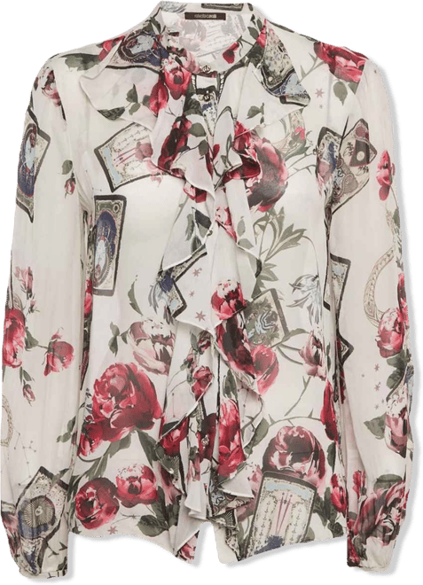 Women's White Printed Silk Chiffon Ruffled Sheer Top