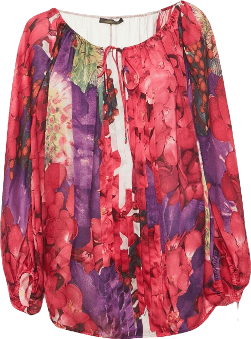 Women's Pink Floral Print Silk Pleated Blouse