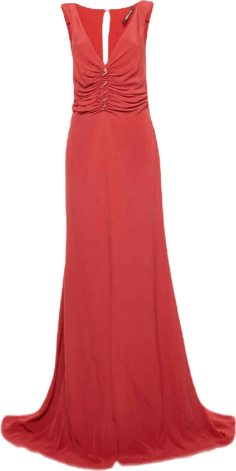 Women's Red Crepe Ruched Slit Maxi Dress