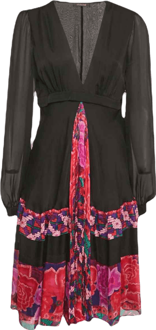 Women's Black Printed Silk Midi Dress