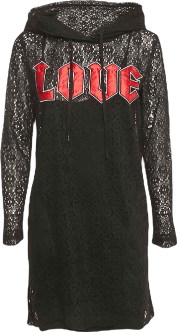 Women's Pre-Owned Love Mocshino Black Love Applique Mesh Hooded Dress