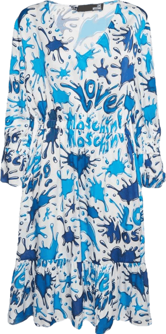 Women's Blue/white Paint Splashed Satin Midi Dress