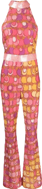 Women's Couture Pink Printed Lurex Jersey Sequin Trim Jumpsuit