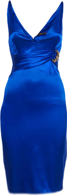 Women's Blue Stretch Satin Metal Detail Short Dress