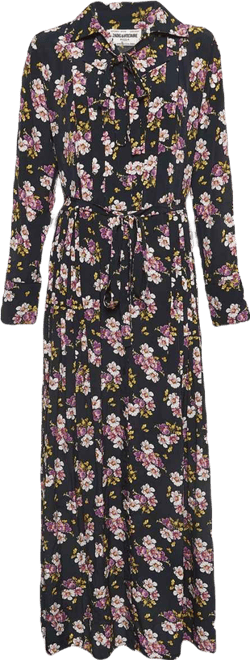 Women's Black Floral Print Silk Pleated Button Front Maxi Dress