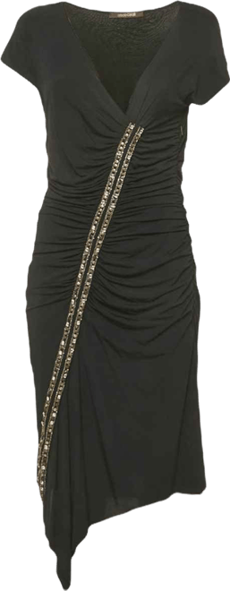 Women's Black Jersey Embellished Ruche Jersey Mini Dress