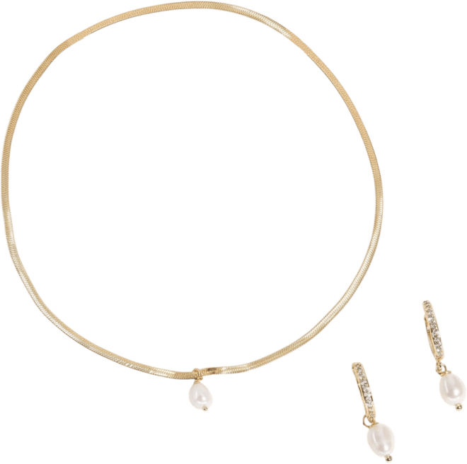 2-Pc. Set Handcrafted Sleek Snake Chain With Pearl Necklace and Earrings in Plated Finish